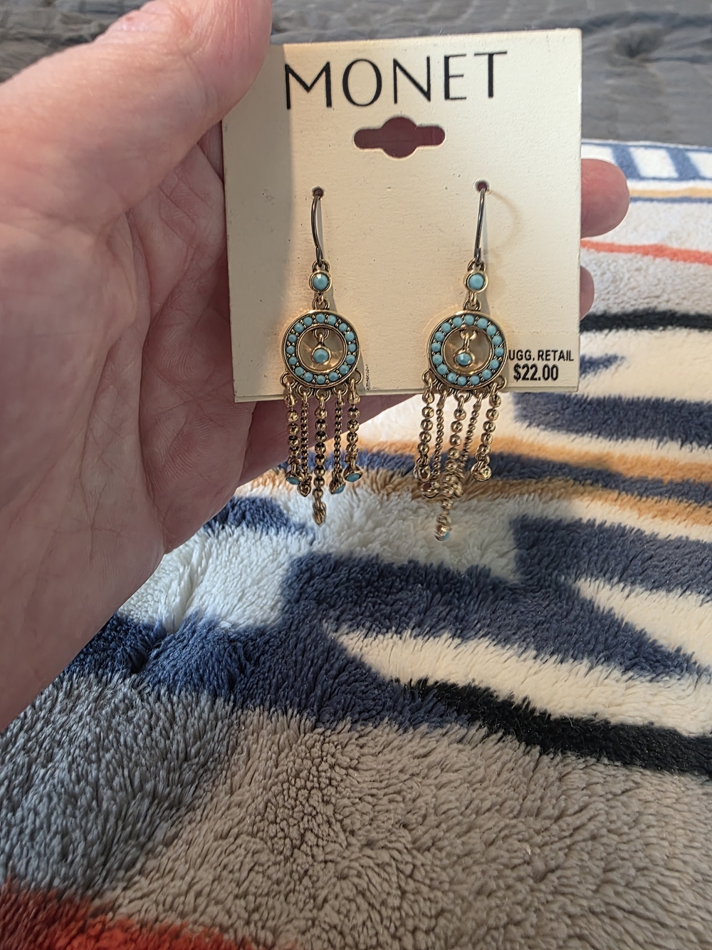 Monet Gold-Tone Earrings with Turquoise Accents and Chain Fringe